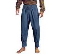 Men's Medieval Cotton Trousers - Authentic Renaissance Pants with Drawstring Pockets Waist, Loose Fit Cosplay Costume for LARP & Halloween (Sizes S-4XL) Blue
