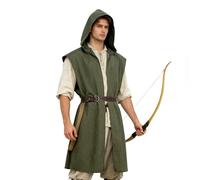 Men's Medieval Hooded Surcoat for Halloween Cosplay Viking & Assassin Costume Renaissance Sleeveless Tunic Tabard Cloak, Green, S