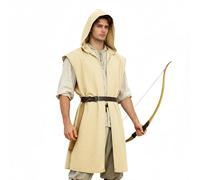 Men's Medieval Hooded Surcoat Renaissance Tabard Sleeveless Tunic Cloak Viking Costume Halloween Assassin Cosplay, Khaki, S