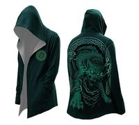Men's Medieval Norse Mythology Hooded Cardigan Motorcycle Jacket Halloween Costume Long Sleeve Casual Loose Fit Streetwear Coat for Daily Wear (A2-Green, XL)