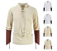 Men's Medieval Patchwork Shirt, Renaissance Lace-up Shirts Mens Gothic Viking Blouse Long Sleeve Steampunk Shirt, Victorian Solid Color Pullover Turndown Collar Vintage Tops Halloween Costume