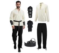 Mens Medieval Pirate Costume Adult for Halloween Carnival，Beige/Black：M