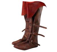 Men's Medieval Pirate Style Tall Boots Aged Leather Look Upper with Flap Multiple Decorative Buckle Straps Round Toe Stable Sole Costume Boots for Cosplay, Theatre, Reconstitution, 01 Brown, 7 UK