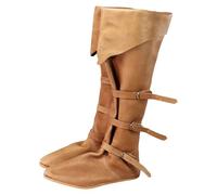 Men's Medieval Pirate Style Tall Boots Aged Leather Look Upper with Flap Multiple Decorative Buckle Straps Round Toe Stable Sole Costume Boots for Cosplay, Theatre, Reconstitution, 01 Yellow, 6 UK