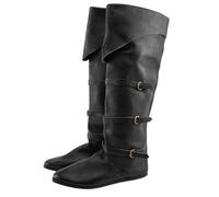 Men's Medieval Pirate Style Tall Boots Aged Leather Look Upper with Flap Multiple Decorative Buckle Straps Round Toe Stable Sole Costume Boots for Cosplay, Theatre, Reconstitution, 01 Black, 11.5 UK