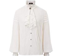Mens Medieval Renaissance Shirt Stand-pu Collar Organ Pleats Ruffle Design Blouse Tops Character Shirt White