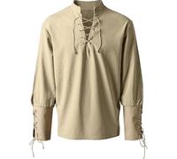 Men's Medieval Renaissance Stand Collar Shirt Cotton Breathable Lantern Sleeves Tie-Front Ruffled Design Costume Role-Playing Historical Reenactment Loose Fit Top (2-Beige, S)