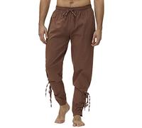 Men's Medieval Renaissance Trousers - Viking Pirate Costume Pants with Elasticated Drawstring Waist, Vintage Ankle Cuff & Pockets, Historical LARP Elastic Viking Trousers for Men Brown