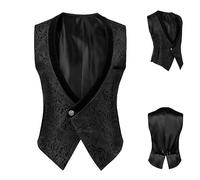 Mens Medieval Short Waistcoat, Steampunk Brocade Jacquard Vest Gothic One Button Waistcoat, Victorian Black V-neck Vest Renaissance Slim Tunic Tank Tops Prom Dress Underlay Vests Court Uniform