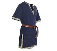 Men's Medieval Tunic Ailrik with Border Men Men Short Sleeve Viking Shirt Wars Fancy Dress for Carnival, blue, L