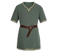Men's Medieval Tunic LARP Knight Shirt Skirt Robe Cosplay Costume Halloween Party Medieval Costume Viking Renaissance Stand-Up Collar Shirt, A1 GREEN, M