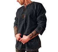 Men's Medieval Tunic Shirt Long Sleeve - Vintage Linen Lacing Collar Casual Shirt for Men Breathable Summer, Relaxed Fit, Retro Style Tunic with Button Cuffs Black
