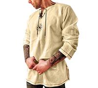 Men's Medieval Tunic Shirt Long Sleeve - Vintage Linen Lacing Collar Casual Shirt for Men Breathable Summer, Relaxed Fit, Retro Style Tunic with Button Cuffs Khaki
