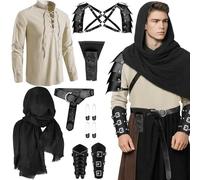 Men's Medieval Viking Costume Set, Renaissance Knight Pirate Outfit with Beige Shirt Shawl Belt Half Shoulder Cape Scarf Buckle Bracers Retro Sword Frog for Adults Carnival Cosplay Accessories, XL