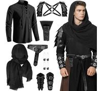 Men's Medieval Viking Costume Set, Renaissance Knight Pirate Outfit with Black Shirt Shawl Belt Half Shoulder Cape Scarf Buckle Bracers Retro Sword Frog for Adults Carnival Cosplay Accessories, XL