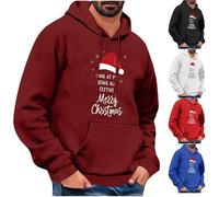 Men's Merry Christmas Hoodies Funny Xmas Hat Printed Sweatshirt Drawstring Hooded Pullover Casual Long Sleeve Jumpers Fleece Lined Hoodie with Pocket Ugly Christmas Sweaters Holiday Clothing