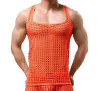 Men's Mesh Fishnet Fitted Muscle Tank Tops See Through Crochet Hollow Out Sleeveless Square Collar Tee Summer Beach Party Hippie Vest Stylish Clubwear Orange