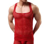Men's Mesh Fishnet Fitted Muscle Tank Tops See Through Crochet Hollow Out Sleeveless Square Collar Tee Summer Beach Party Hippie Vest Stylish Clubwear Red