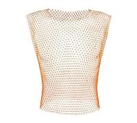 Men's Mesh Fishnet Vest Fitted Muscle T Shirts Sleeveless Rhinestones Crop Top and Workout Active Skirt See-Through Vest Sexy Bodysuits Clubwear Party Nightclub Outfits Orange L