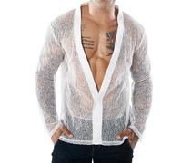 Men's Mesh Muscle Top Transparent V-Neck Loose Undershirt Long Sleeves See Through Sheer Hollow Out Tee(White,XL)