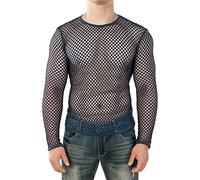 Men's Mesh See Through Fishnet Shirts Muscle Party Shirt Long Sleeve Crew Neck Casual Clubwear Blouse Undershirt Blue M