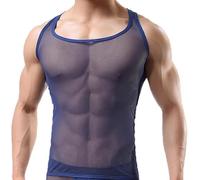 Men's Mesh See-Through Tank Tops Fashion Sleeveless Compression Tank Tops Square Cut Bodybuilding Muscle Vest (Blue,M)
