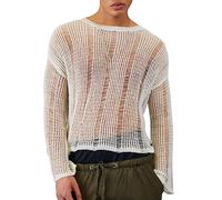 Mens Mesh See Through Tshirt Fishnet Shirts Muscle Pullover Long Sleeve T-Shirts Regular fIT Crew Neck T Shirt Sexy Stripe Tee Sheer Casual Clubwear Blouse Nightclub Party Clothes Holiday Beach Top