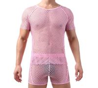Men's Mesh T Shirt, Short Sleeve Fishnet See Through Tank Top for Men Party Crop Tops, Novelty Crew Neck Mesh Fitted Muscle Top, Hollow Out Workout Tee Shirt Undershirt Gym Training Summer Clubwear