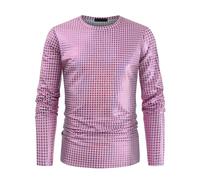 Men's Metallic Shiny Shirt, Long Sleeve Crew Neck Plaid Disco Rock Party Shirts, Sparkly Solid Leather Look Tunic Tops Clubwear, Slim Fit Casual Muscle Pullovers for Dance Nightclub Stage Performance