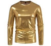 Men's Metallic Shirts, Long Sleeve Shiny Glitter Carnival Tunic Tops, Wetlook Round Neck Sparkly Disco Tee Top for Clubwear, Solid Leather Party Blouse T-Shirt, Slim Fit Casual Vintage Rave Pullovers