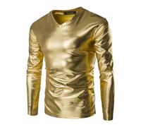 Men's Metallic Shirts, Long Sleeves Shiny Wet Look Tunic Tops for Clubwear, V Neck Solid Leather Look Party Tee Top Blouse T-Shirt, Slim Fit Casual Pullovers for Dance Disco Nightclub Costume Gold