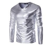 Men's Metallic Shirts, Long Sleeves Shiny Wet Look Tunic Tops for Clubwear, V Neck Solid Leather Look Party Tee Top Blouse T-Shirt, Slim Fit Casual Pullovers for Dance Disco Nightclub Costume Silver