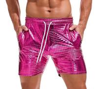 Mens Metallic Shorts Sequin Shiny Holographic Disco Shorts Sparkly Outfit Beach Casual Solid Color Drawstring Dance Half Pants Summer Casual Sports Short Pink