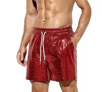 Men's Metallic Shorts with Pockets Summer Reflective Rave Short Shiny Sparkly Party Slim Fit Stylish Half Pants Solid Color Plaid Pants Elasticated Waist Drawstring Personality Pant Red