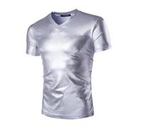 Men's Metallic T-Shirts, Short Sleeves Shiny Wet Look Tunic Tops for Clubwear, V Neck Solid Leather Look Party Tee Top Blouse T-Shirt, Slim Fit Casual Pullovers for Dance Disco Nightclub Costume