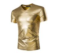 Men's Metallic T-Shirts, Short Sleeves Shiny Wet Look Tunic Tops for Clubwear, V Neck Solid Leather Look Party Tee Top Blouse T-Shirt, Slim Fit Casual Pullovers for Dance Disco Nightclub Costume Gold