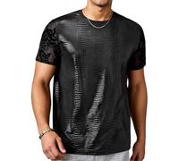 Men's Metallic Top, Short Sleeve Crocodile-Pattern Shiny T-Shirt, Black Round Neck Leather Printed Shirt Tops Streetwear, Slim Fit Mesh Sleeve Blouses for Dance Disco Night Club Outfit Festival Party