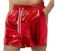Mens Metallic Wet Look PU Faux Leather Shorts - Elasticated Waist Drawstring Shiny Boxer - 70s Disco Party Rave Clubwear Hot Quick Dry Swim Trunks With Pockets Red