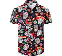 Men's Mexican Shirt Cinco de Mayo Shirt Button Down Fiesta Short Sleeve Party Shirt, S-4XL, Sugar Skull, S
