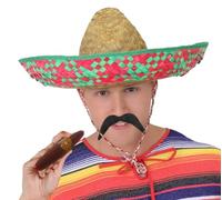 Mens Mexican Green Sombrero + Black Moustache + Jumbo Cigar Fancy Dress Accessory Hat Tash Holiday Straw Stag Night