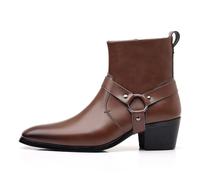 Mens Mid Block Heel Chelsea Boots Leather Formal Brogue Boot Metal Buckle Side Zip Work Office Ankle Boots,A Dark Brown,9 UK