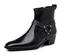 Mens Mid Block Heel Chelsea Boots Leather Formal Brogue Boot Metal Buckle Side Zip Work Office Ankle Boots