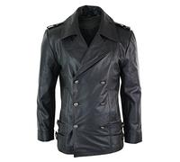 Mens Mid Length German Sailors Marine Goth Punk Double Breasted Real Leather Jacket Black