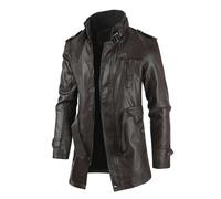 Mens Mid Length Retro Distressed Leather Windbreaker Jacket Stand Collar Steampunk Faux Leather Motorbike Jacket Vintage Leather Jackets for Men Slim Stand Collar PU Faux Leather Jacket Coat Outwear