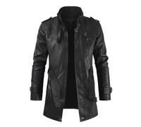 Mens Mid Length Retro Distressed Leather Windbreaker Jacket Stand Collar Steampunk Faux Leather Motorbike Jacket Vintage Leather Jackets for Men Slim Stand Collar PU Faux Leather Jacket Coat Outwear