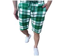 Men's Mid Waist Summer Casual Drawstring Striped Plaid Printed Workout Track Shorts with Pockets Tennis Trousers Casual Checked Printed Business Shorts Men's Shorts Cotton, Green, XXL