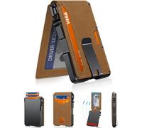 Men's Minimalist Wallet With Money Clip & ID Window - RFID Blocking Smart Pop Up Card Holder for 9-13 Cards - Slim Compact Metal Aluminum Leather Bifold