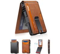 Men's Minimalist Wallet With Money Clip & ID Window - RFID Blocking Smart Pop Up Card Holder for 9-13 Cards - Slim Compact Metal Aluminum Leather Bifold Wallet
