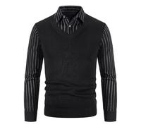 Men's Mock Shirt Jumper - 2-in-1 Pullover with Shirt Collar, Winter Warm V-Neck Knitted Cardigan, Long Sleeve Mock Shirts Knitted Jumper for Men