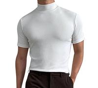 Mens Mock Turtleneck Sweater Short Sleeve Solid Color T-Shirts Basic Slim Fit Knitted Pullover Tees White